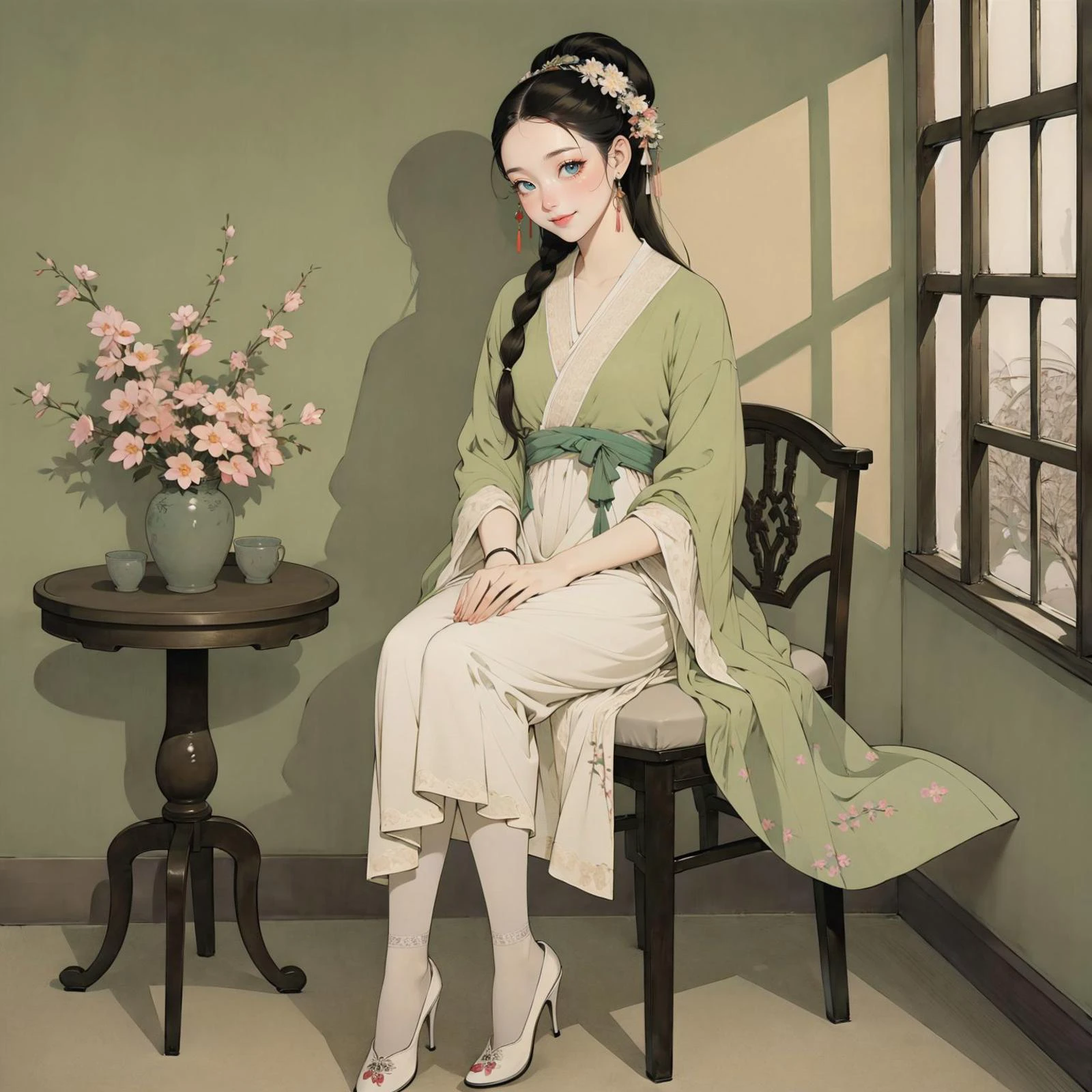 <lora:guofeng:0.9>,(chinese_art_style, simple background, green background),1girl,smile,sitting on the chair,full body,hanfu,high heels,(indoors, chinese style decorations, table, window, scenery),(masterpiece,high quality,best quality),(colorful),(delicate eyes and face),volumatic light,ray tracing,extremely detailed CG unity 8k wallpaper,