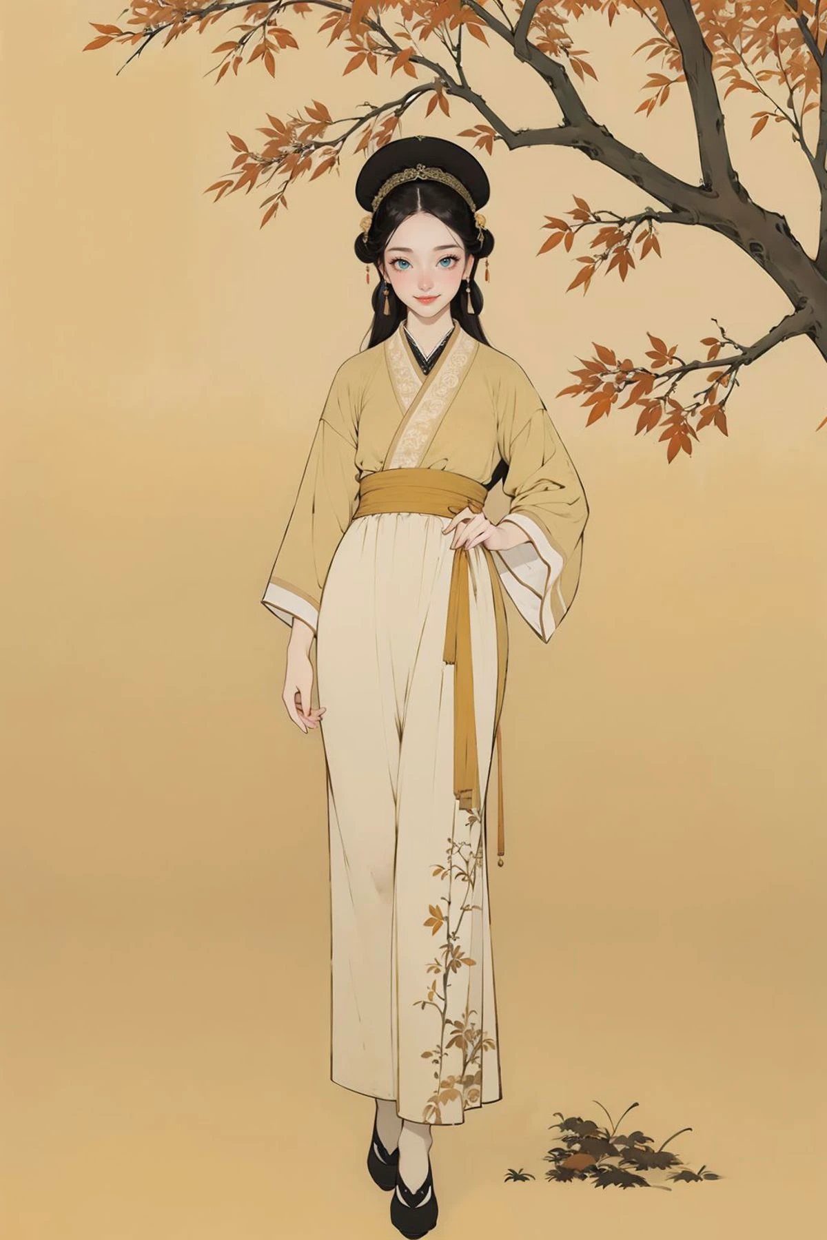 <lora:guofeng:0.85>,(chinese_art_style,simple background,yellow background),1girl,standing,full body,hanfu,(tree, leaves,outdoors),(masterpiece,high quality,best quality),(colorful),(delicate eyes and face),volumatic light,ray tracing,extremely detailed CG unity 8k wallpaper,