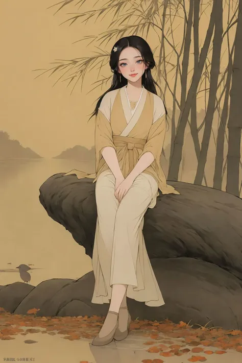 <lora:guofeng:0.9>,(chinese_art_style,simple background,yellow background),1girl,smile,sitting,full body,hanfu,high heels,(cowboy shot),(outdoors,tree,lake,leaves,bamboo,houses,winds,birds),(masterpiece,high quality,best quality),(colorful),(delicate eyes and face),volumatic light,ray tracing,extremely detailed CG unity 8k wallpaper,