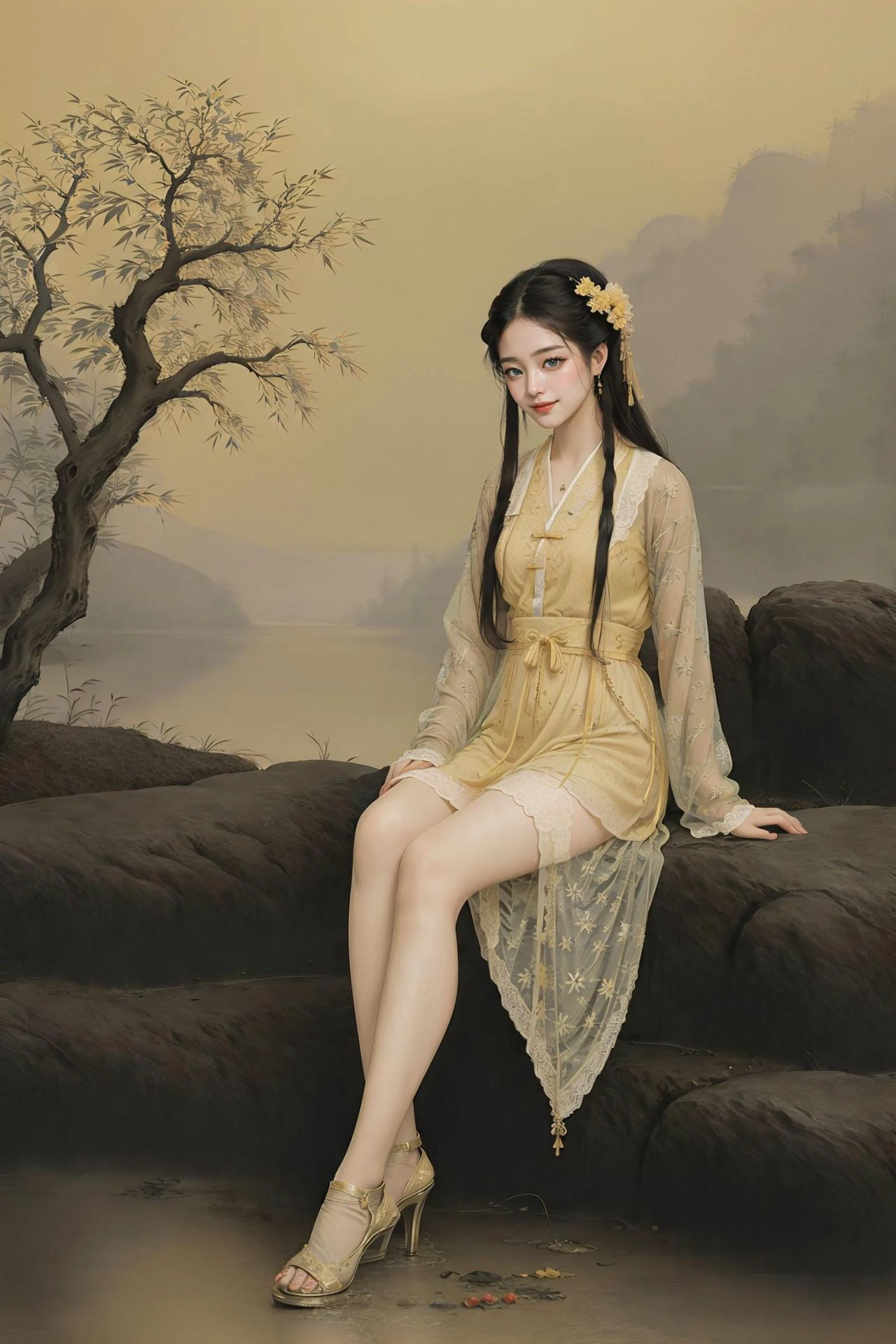 <lora:guofeng:0.9>,(chinese_art_style,simple background,yellow background),1girl,smile,sitting on the rock,full body,hanfu, high heels, (tree,scenery,outdoors,lake),(masterpiece,high quality,best quality),(colorful),(delicate eyes and face),volumatic light,ray tracing,extremely detailed CG unity 8k wallpaper,