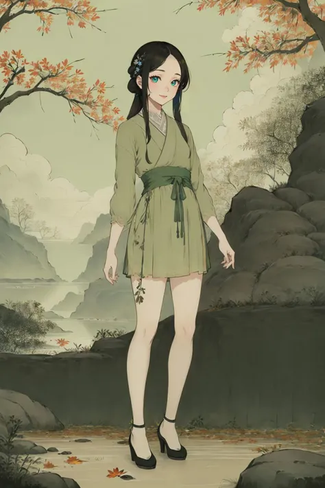 <lora:guofeng:0.9>,(chinese_art_style, simple background, green background),1girl,smile,standing,full body, hanfu,high heels,(cowboy shot),(outdoors, tree, leaves, chinese style buildings),(masterpiece,high quality,best quality),(colorful),(delicate eyes and face),volumatic light,ray tracing,extremely detailed CG unity 8k wallpaper,