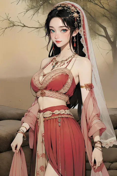 <lora:guofeng:0.9>,(chinese_art_style, simple background, green background),<lora:xiyu_clothes:0.8>,((XiYu_clothes)),1girl,(red crop top),large breasts,((jewelry, bracelet, necklace, veil)),midriff,navel,(red skirt),(cowboy shot),(outdoors, tree, leaves),(masterpiece,high quality,best quality),(colorful),(delicate eyes and face),volumatic light,ray tracing,extremely detailed CG unity 8k wallpaper,