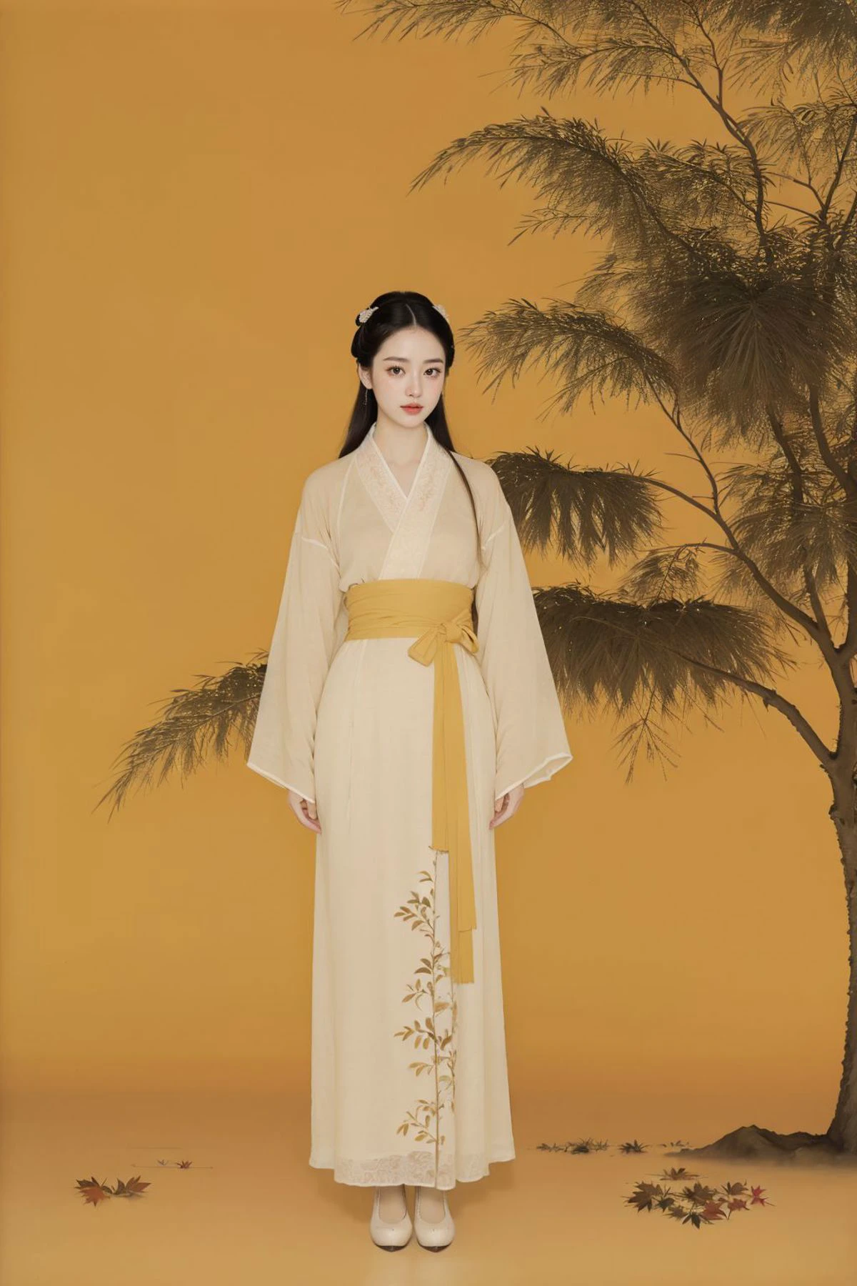 <lora:guofeng:0.85>,(chinese_art_style,simple background,yellow background),1girl,standing,full body,hanfu,(tree, leaves,outdoors),(masterpiece,high quality,best quality),(colorful),(delicate eyes and face),volumatic light,ray tracing,extremely detailed CG unity 8k wallpaper,