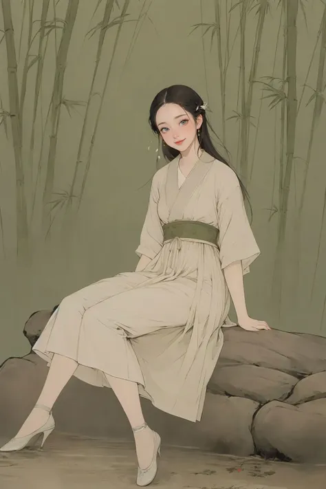 <lora:guofeng:0.9>,(chinese_art_style,simple background,green background),1girl,smile,sitting,full body,hanfu,high heels,(cowboy shot),(outdoors,tree,lake,leaves,bamboo,houses,winds,birds),(masterpiece,high quality,best quality),(colorful),(delicate eyes and face),volumatic light,ray tracing,extremely detailed CG unity 8k wallpaper,