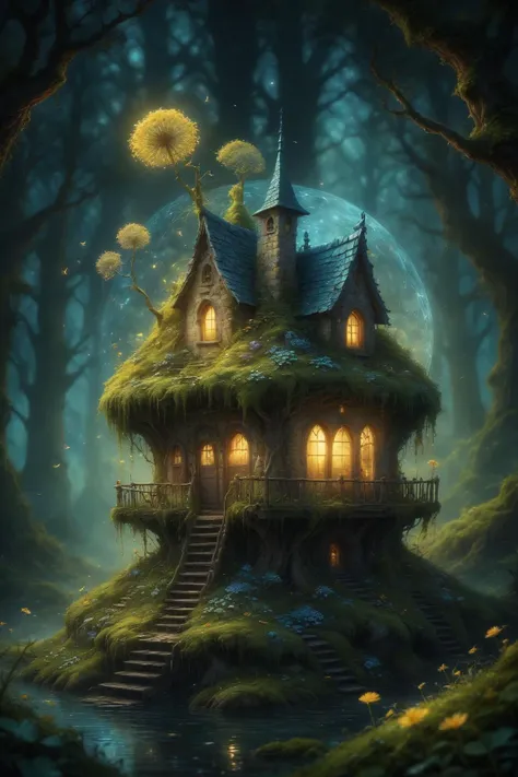 best quality, abandoned garden, ivy, moss, dandelion flowers, glittering, close up detailed perfect, detailed scales, otherworldly, Craola, Dan Mumford, Andy Kehoe, Luis Royo. 2d, flat, cute, adorable, fairytale, storybook detailed illustration, cinematic, ultra highly detailed, tiny details, beautiful details, mystical, luminism, vibrant colors