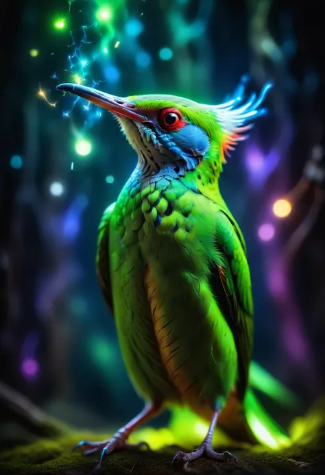 hyper realistic photography of a cute magical flicker in an enchanted wonderland, beautiful whimsical fantasy art concept, detailed background, glowing particles, neon green theme, ultra sharp, realism <lora:HGHDRFB_XL:1>