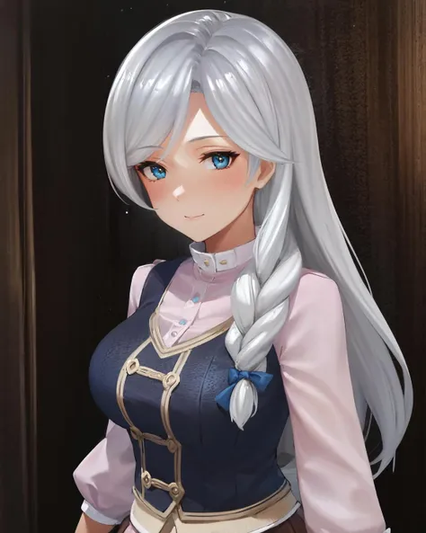 best quality, (masterpiece:1.2), illustration, absurdres, <lora:deluster2:-1>, <lora:hairdetailer:0.5>, <lora:boldline:-1>, <lora:flat2:0.7>,
(1girl), (solo), (beautiful detailed girl), (upper body, portrait),
<lora:Diana-000008:0.9>, Diana, long hair, grey hair, single braid, hair over one shoulder, hair ribbon, blue eyes, large breasts,
black vest, pink shirt, pink sleeves, brown skirt, long skirt, pumps,
gentle smile, LOOKING AT VIEWER,
overlooking distant snowy mountains, distant river, pine forest,