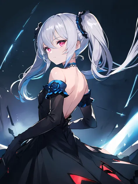 masterpiece,best quality,highres,cinematic lighting,dramatic angle,<lora:OrchisV2-000038:0.8:lbw=jiangshi3>,1girl,silver hair,red eyes,twintails,smile,doll joints,black dress,bare shoulders,choker,blue rose,detached sleeves,elbow gloves,glowing eyes,shaded face,expressionless,turning head,backless outfit,from behind