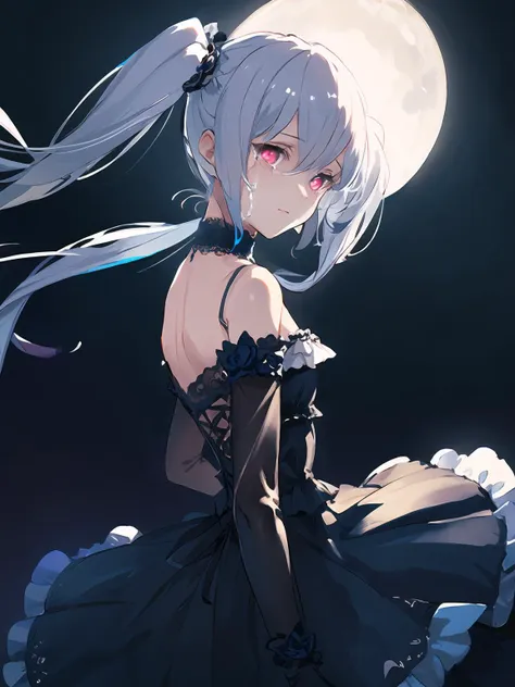 masterpiece,best quality,highres,cinematic lighting,dramatic angle,<lora:OrchisV2-000038:0.8:lbw=jiangshi3>,1girl,silver hair,red eyes,twintails,smile,doll joints,black dress,bare shoulders,choker,blue rose,detached sleeves,elbow gloves,glowing eyes,shaded face,black background,tears,turning head,backless outfit