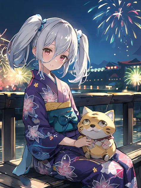 masterpiece,best quality,highres,cinematic lighting,dramatic angle,1girl,<lora:OrchisV2-000038:0.8:lbw=jiangshi>, silver hair,twintails, red eyes,looking at viewer,smile,blush,fireworks,crowd,streetscape,depth of field,night,kimono,japanese clothes,holding cat stuffed toy,sitting on bench,fence,head tilt,doll joints,<lora:flat2:-0.25>