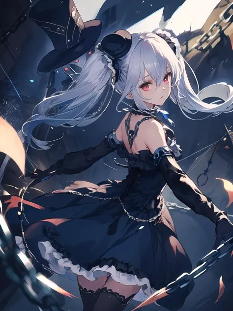 masterpiece,best quality,highres,cinematic lighting,dramatic angle,<lora:OrchisV2-000038:0.8>,1girl,1boy,1other,Lloyd,marinoette,1boy,silver hair,red eyes,black dress;top hat,blue rose;mask,detached sleeves;claws,black thighhighs;jacket,frills,elbow gloves,puppet strings,depth of field,doll,twintails,1girl with silver hair and twintails along with her marionette called Lloyd,cowboy shot,chain,monster,looking at viewer