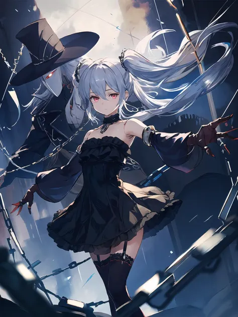 masterpiece,best quality,highres,cinematic lighting,dramatic angle,<lora:OrchisV2-000038:0.8>,1girl,1boy,1other,Lloyd,marinoette,1boy,silver hair,red eyes,black dress;top hat,blue rose;mask,detached sleeves;claws,black thighhighs;jacket,frills,elbow gloves,puppet strings,depth of field,doll,twintails,1girl with silver hair and twintails along with her marionette called Lloyd,cowboy shot,chain,monster,looking at viewer