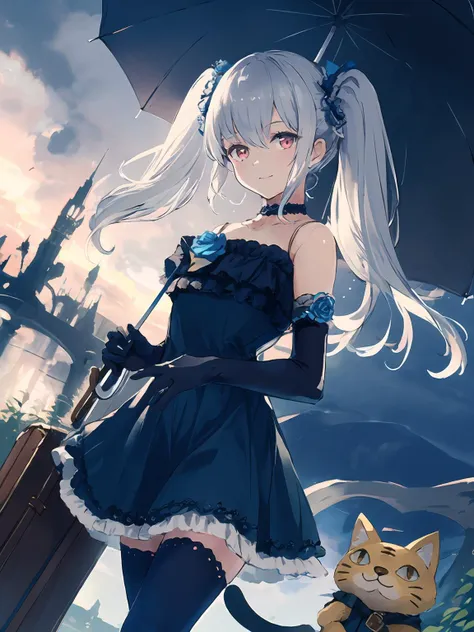 masterpiece,best quality,highres,cinematic lighting,dramatic angle,<lora:OrchisV2-000038:0.8>,1girl,silver hair,twintails,smile,doll joints,black dress,bare shoulders,choker,blue rose,black thighhighs,detached sleeves,elbow gloves,ring,holding cat stuffed toy,holding umbrella,suitcase,ring,cloudy sky,dark sky,depth of field,portrait,looking at viewer