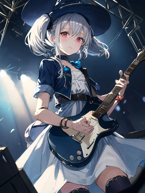 masterpiece,best quality,highres,cinematic lighting,dramatic angle,1girl,<lora:OrchisV2-000038:0.8:lbw=jiangshi3>, silver hair,twintails, red eyes,looking at viewer,crowd,streetscape,depth of field,happy,doll joints,white dress,blue jacket,witch hat,cape,short sleeves,thighhighs,bowtie,belt,bracelet,blue rose,choker,highlights,on stage,playing guitar,dynamic angle,looking at viewer,<lora:flat2:-0.5>,<lora:add_detail:0.25>