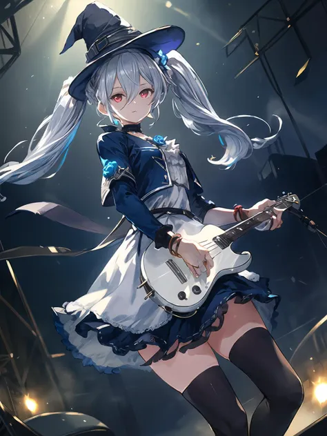 masterpiece,best quality,highres,cinematic lighting,dramatic angle,1girl,<lora:OrchisV2-000038:0.8:lbw=jiangshi3>, silver hair,twintails, red eyes,looking at viewer,crowd,streetscape,depth of field,happy,doll joints,white dress,blue jacket,witch hat,cape,short sleeves,thighhighs,bowtie,belt,bracelet,blue rose,choker,highlights,on stage,playing guitar,dynamic angle,looking at viewer,<lora:flat2:-0.5>,<lora:add_detail:0.25>