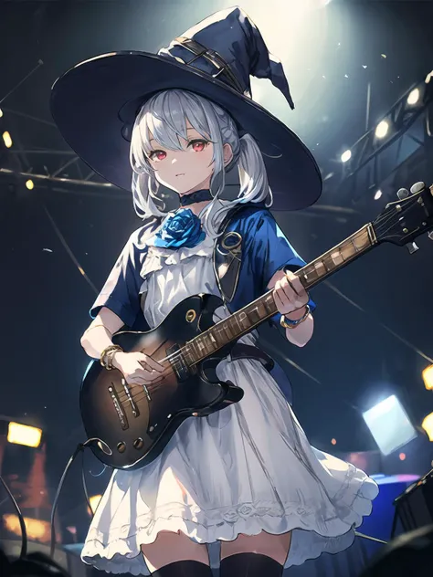 masterpiece,best quality,highres,cinematic lighting,dramatic angle,1girl,<lora:OrchisV2-000038:0.8:lbw=jiangshi3>, silver hair,twintails, red eyes,looking at viewer,crowd,streetscape,depth of field,happy,doll joints,white dress,blue jacket,witch hat,cape,short sleeves,thighhighs,bowtie,belt,bracelet,blue rose,choker,highlights,on stage,playing guitar,dynamic angle,looking at viewer,<lora:flat2:-0.5>,<lora:add_detail:0.25>