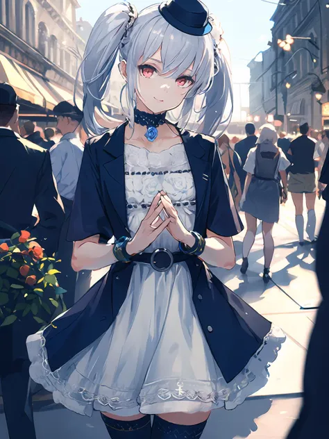 masterpiece,best quality,highres,cinematic lighting,dramatic angle,1girl,<lora:OrchisV2-000038:0.8:lbw=jiangshi3>, silver hair,twintails, red eyes,looking at viewer,crowd,streetscape,depth of field,smile,white dress,jacket,short sleeves,mini hat,thighhighs,belt,bracelet,blue rose,choker,head tilt,own hands together,fingers together,holding bunch of rose,standing