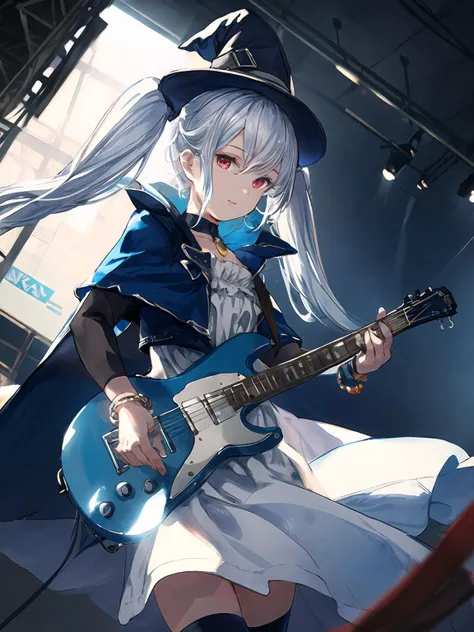 masterpiece,best quality,highres,cinematic lighting,dramatic angle,1girl,<lora:OrchisV2-000038:0.8:lbw=jiangshi3>, silver hair,twintails, red eyes,looking at viewer,crowd,streetscape,depth of field,happy,doll joints,white dress,blue jacket,witch hat,cape,short sleeves,thighhighs,bowtie,belt,bracelet,blue rose,choker,highlights,on stage,playing guitar,dynamic angle,looking at viewer,<lora:flat2:-0.5>,<lora:add_detail:0.25>