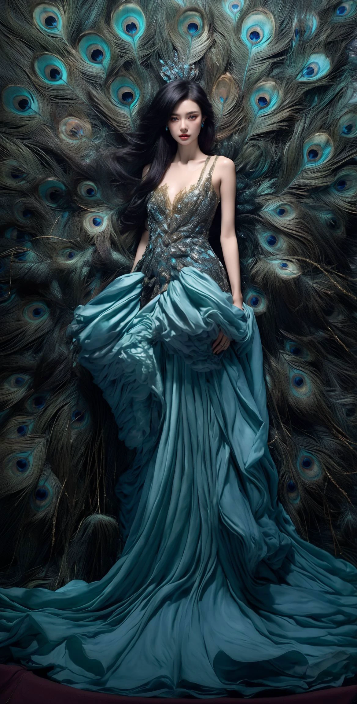 ((masterpiece))),(((best quality))),((super detailed)),((extremely delicate and beautiful)),cinematic light,detailed environment,(real),
1girl,solo,exposed collarbone,exposed shoulders,(Milky skin:1.2),(shiny skin:1.4),blue eyes,
jewelry,necklace,earrings,makeup,(black Gold dress:1.3),(full body:1.3),
A shot with tension,(xuer peacock feather:0.7),
<lora:~Q?-[TV2 xuer peacock feather:0.8>,