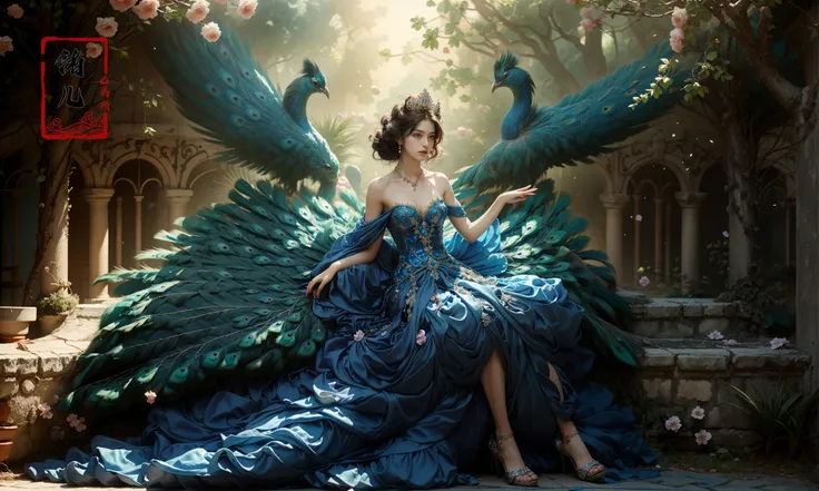 (masterpiece, top quality, best quality, official art, beautiful and aesthetic:1.2),(fractal art:1.2)
1girlsoloflowerjewelryblue dressbare shoulders
petalstiaranecklacePeacock (full body:1.5), Crossed legs, sitting, Milky skin, (shiny skin:1.3)
<lora:~Q?-[TQlN; Peacock:0.8>