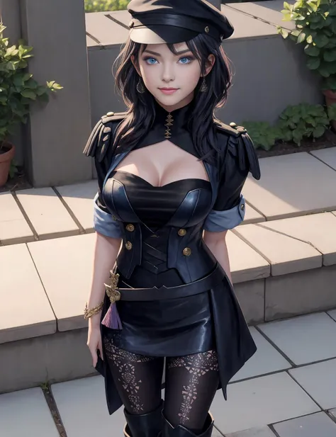 (1girl 18 yo, (blue eyes), short hair, dark-blue-hair), Garreg Mach, smiling, (cute:1.1), gorgeous, (highly detailed:1.1), best quality, (masterpiece), sharp focus, HDR, UHD, 64K
cabbie hat, black jacket, cleavage, (black):2 skirt,detached collar,black crop top, belt, patterned pantyhose, high heel boots
