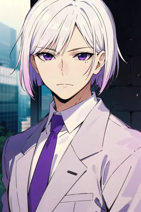masterpiece, best quality, photorealistic, 1boy, solo, male focus, looking at viewer, upper body, , anime coloring, realistic, <lora:art_hamatora:0.72>, art_hamatora, white hair, purple eyes, , ,