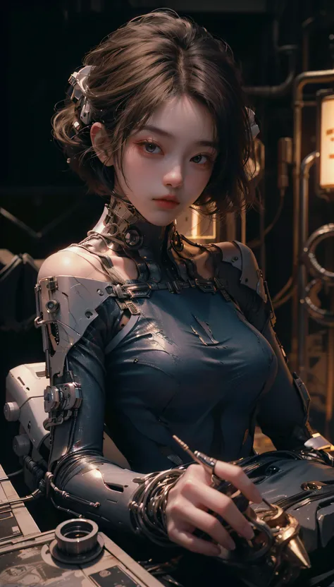 Wiring piping weapon background、Cyborg Robot、Wear、mechanical background、Wires from the cockpit、masterpiece、Cute female mechanical limbs, Tubes connected to machine parts, Mechanical vertebrae attached to the spine, Mechanical cervical attachment to the neck, Wires and cables connected to the head, Global Illumination, Deep Shadow, Octane Rendering, 8k, Ultra Sharp, Metal, Intricate decorative details,, Very intricate details, Ultimate Weapon、shoulder machinery　Shoumai Machinery、Arm Machine、Half Face Robot、顔半分Metalパーツ、Half cyborg、Cable from head、Cable from the foot、