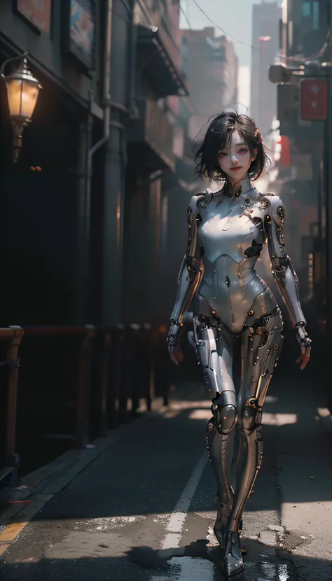wide shot,<lora:sd-No.405v2-000002:0.9>, (masterpiece,best quality, 8k, RAW photo,beautiful and aesthetic:1.4), 1girl, solo, skinny, lighting, very short hair, full body plug suit, angelic smile, uncensored, mechanical parts, <lora:reelmech:1>, dynamic pose, cyberpunk, foreshortening,
scenery, outdoors, building, sky, cloud, sunset, city, downtown, Street,