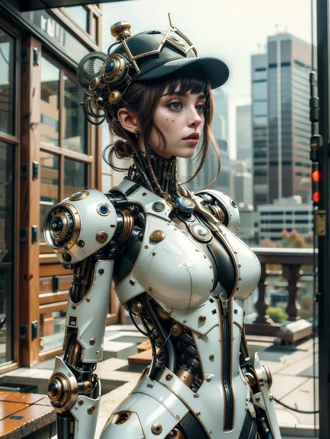 Mecha girl,A mechanical doll stands in front of a planet painting, Retro city background,perfect mechanical body, interconnected human life forms, Panorama of mechanical female doll,Victoria steampunk, endless dreams, stardust, galaxy,