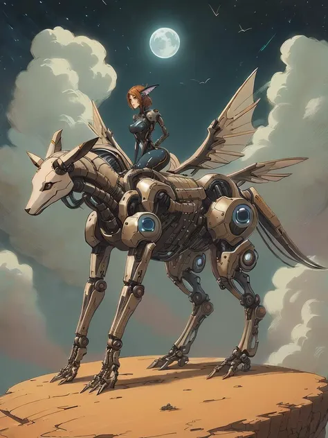<lora:Reel_mechanical_parts_v_1_3:1> realmech, mechanical parts, alluring succubus, ethereal beauty, perched on a cloud, (fantasy illustration:1.3), enchanting gaze, delicate wings, otherworldly charm, mystical sky, moonlit night, soft colors, (detailed cloudscape), (high-resolution:1.2) animal ears, android, joints, dynamic pose, dynamic view