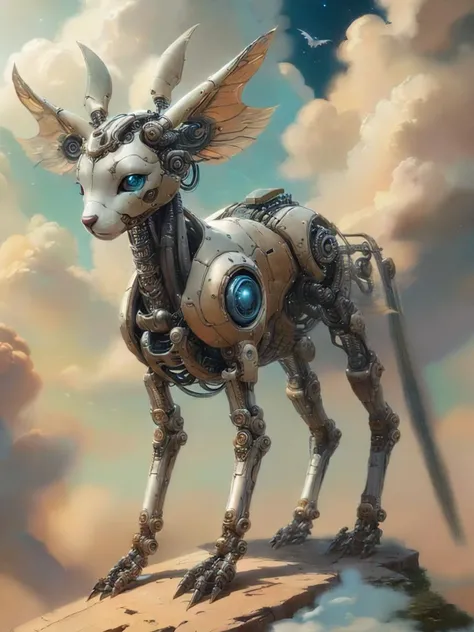 <lora:Reel_mechanical_parts_v_1_3:1> realmech, mechanical parts, alluring succubus, ethereal beauty, perched on a cloud, (fantasy illustration:1.3), enchanting gaze, delicate wings, otherworldly charm, mystical sky, moonlit night, soft colors, (detailed cloudscape), (high-resolution:1.2) animal ears, android, joints, dynamic pose, dynamic view <lora:detail_slider_v4:2>