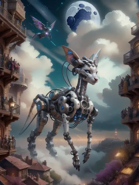 <lora:Reel_mechanical_parts_v_1_3:1> realmech, mechanical parts, alluring succubus, ethereal beauty, perched on a cloud, (fantasy illustration:1.3), enchanting gaze, delicate wings, otherworldly charm, mystical sky, moonlit night, soft colors, (detailed cloudscape), (high-resolution:1.2) animal ears, android, joints, dynamic pose, dynamic view <lora:detail_slider_v4:2>
