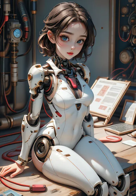 (((masterpiece))), (((best quality))), ((ultra-detailed)), (highly detailed CG illustration), ((extremely delicate and beautiful)),(side),cinematic light,((1 mechanical woman)),solo,half body,(machine-made joints:1.2),((mechanical limbs)),(blood vessels connected to tubes),(mechanical vertebra attaching to the back),((mechanical cervical attachment to the neck)),(sitting),without expression,(wires and cables attached to the neck:1.2),(wires and cables on the head:1.2)(character focus), science fiction, city background, extremely detailed, colorful, more detailed, (face shadow (extra detailed, better performance)), laser eyes (detailed red))fire in hand holes)