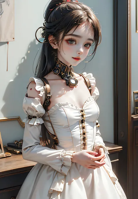 1 girl,(8k, best quality, masterpiece:1.2), (realistic, photo-realistic:1.37), ultra-detailed,beautiful detailed sky,(nose blush),beautiful detailed eyes,small breasts,slim body,
chibi,short ponytail,seductive smile ,back-to-back,dynamic angle,no bra,see-through,
(best quality),((an extremely delicate and beautiful)),((Chest covered)),cinematic light,(1mechanical girl),((upper torso hanging by wires)),((Hanging by wires and tubes)),(machine made joints:1.2),((mechanical limbs)),(blood vessels connected to tubes),(mechanical vertebra attaching to back),((mechanical cervical attaching to neck)),(chest covered),(wires and cables attaching to neck:1.2),(wires and cables on head:1.2),(character focus),science fiction,
reelmech,<lora:Reel_mechanical_parts_v_1_3:1.0>,
black hair,blue eye,fashi-girl,red lips,makeup,realistic,fashigirl, vivian, dataset,<lora:mix_F5S4N7:1.0>,<lora:add_detail:0.2>