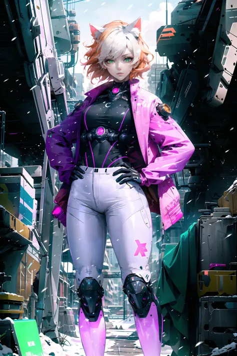 masterpiece, best quality, an adult woman in tactical mechanic suit, (pink and white jacket), front view, cinematic light, (character focus), science fiction, ((orange_hair)), ((green_eyes)), looking at viewer, freckles, short hair, orange hair,  sparks, cables, snow, hangar, cyberpunk, outdoors, snowing, neon trim, neon glow, neon lights, ambience lighting, caustics, mechanical arms, mechanical neck, mechanical jaw, cat ears, (mechanical_legs),  hands on hips, winter, knee pads, (covered ears),  (white hair on front),  <lora:Niji:0.8>, <lora:reelmech:0.5>,  <lora:improve_backgrounds:0.5>