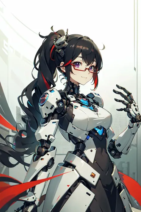 <lora:Reel_mechanical_parts_v_1_3:1> reelmech, mechanical parts, joints, mecha,, absurdres, ultra detailed, masterpiece, best quality, aesthetic, detailed,, solo, smug smile, 1girl, purple eyes, red-framed eyewear, (black hair, red colored tips:1.2), red streaked hair, very long hair, side ponytail, tied hair, medium breasts,