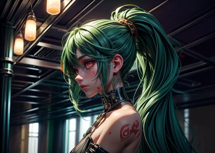 AS-MidAged, SFW, 1girl, medium-angle full length picture of a gorgeous ((((Absurdly Long Hair, Short Ponytail, Split-color Hair, Light Green Hair, Orange Hair)))) [1Girl, Mature female, Adult:Aubrey Plaza:0.65], with (skinny) , Twinset, Culottes, , ((round eyes)) (((red eyes))), makeup, cat eyelashes, tall body, tattoo on her right calf, (((From Side, Looking At Viewer, Disgust, Narrowed eyes, Powerplant))), (((blood vessels connected to tubes))),(mechanical vertebra attaching to back),(((mechanical cervical attaching to neck))),(wires and cables attaching to neck:1.2)(((mechanical arm with tubes))), bright cinematic rim lighting, studio lighting, volumetric lighting, ((portrait photography by O. Winston Link using a Sony a7 IV Mirrorless Camera)), sharp focus, dynamic angle, finely detailed skin, eyelines, Instagram most viewed, official wallpaper, ((ultra-photorealistic)), bright vivid colors, ((supermodel)), red blood tubes connected to arm, <lora:more_details:1><lora:LowRA:0.7>,  <lora:GoodHands-vanilla:1> <lora:reelmech1v2:1>