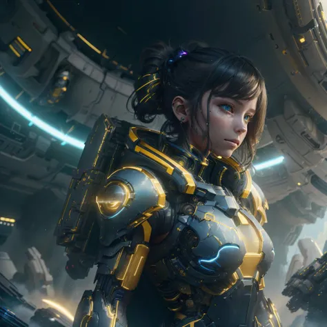 there is a woman in a dress standing in front of a giant robot, by Don Maitz, portrait of sofia vergara, promotional art, attractive brown hair woman, retropunk, protagonist in foreground, inspired by Louis Pohl, mechanic, anime visual of a young woman, compute shader, inspired by Donato Giancola, youtube thumbnail, chrome art --auto --s2