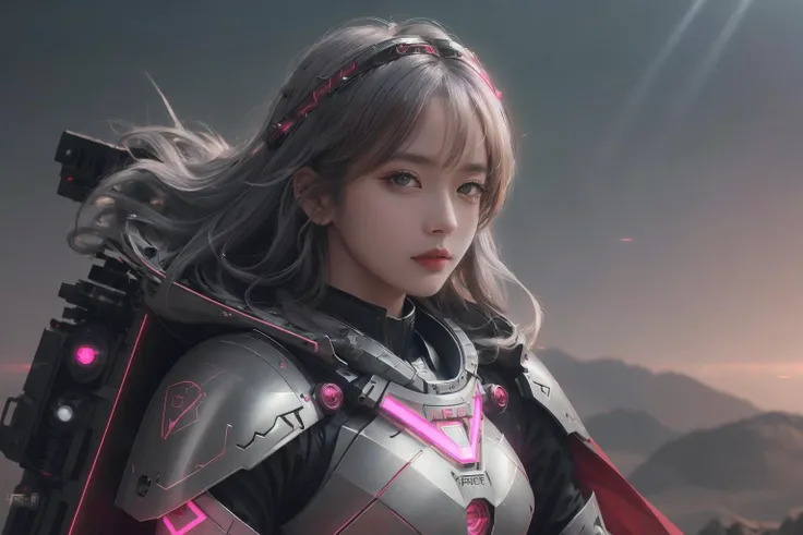 <lora:A-RandomSuper[mecha musume,mechanical parts,super robot joints,headgear,full armor]:0.75>, <lora:BlessedTech:0.65> ,<lora:reelmech1v2:0.35>,scifi, 1girl,(RAW photo, best quality), (realistic, 4k), high quality,finely detail,fantacy future,realistic,mature,photorealistic,detailed eyes, scifi headwear, (highly detailed face), cinematic lighting,(half body shot),scifi cloth,(beautiful face),boot, landscape,light rays ,<lora:koreanDollLikeness:0.2>, mechanical flying parts,dark red and white and pink theme, <lora:K-AIgirl-face2:0.0.2> <hypernet:sxzBloom_sxzBloom:0.4>, LED armored skirt,saber,LED multi layer suit,light arrow, black steel texture, rune in the suit,long hair,smiling,gold and grey hair,eyes on viewer,high detailed suit,hair light