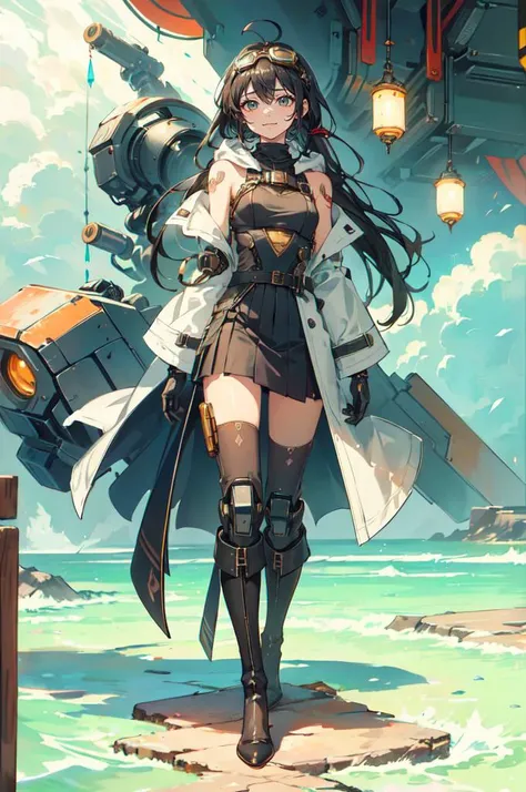 <lora:Reel_mechanical_parts_v_1_3:1> reelmech, mechanical parts, joints, mecha,, absurdres, ultra detailed, masterpiece, best quality, aesthetic, detailed,, katya1, solo, smile, 1girl, aqua eyes, black hair, <lora:low_ponytail-1.0:0.7> low ponytail, ahoge, absurdly long hair, very long hair, hair flaps, hair between eyes, bangs, crossed bangs, messy hair, small breasts, goggles on head, closed mouth,, hooded coat, open coat, turtleneck, pants, black knee boots, multiple straps, white coat, layered clothes, hair ribbon, pants under skirt,