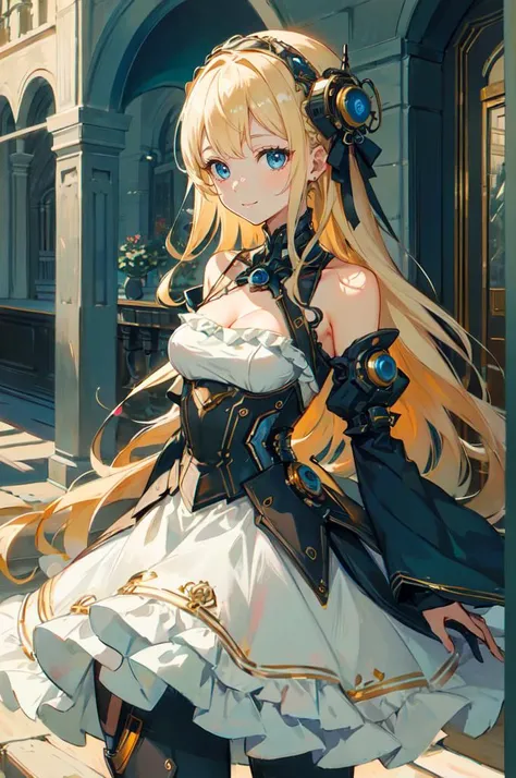 <lora:Reel_mechanical_parts_v_1_3:1> reelmech, mechanical parts, joints, mecha,, absurdres, ultra detailed, masterpiece, best quality, aesthetic, detailed,, solo, soft smile, light smile,
katya1, 1girl, blue eyes, very long hair, blonde hair, long blonde hair, french braid, bangs, medium breasts,, hair ribbon, frilled choker, criss-cross halter, sleeveless dress, high-waist skirt, backless dress, waist bow, detached sleeves, frilled sleeves, wide sleeves, pantyhose, patterned legwear, mary janes,