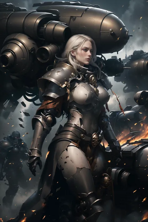 ((best quality)), ((masterpiece)), ((detailed, extremely detailed)), ((realistic)), battle word adepta sororitas preparing for an attack, extremely damaged armor, adepta sororitas, sisters of battle, warhammer, white hair, fit toned body, muscular, mechanical limbs, broken armor, torn clothes and armor, accidental nudity, armor pieces missing, total destruction, battlefield, everything is on fire, reelmech, black metal armor, detailed pattern, ornamented armor, <lora:WH40KSisters_V2rank8:1>, <lora:reelmech1v2:0.7>, <lora:more_details:0.4>, <lora:FEHDamaged:0.6>