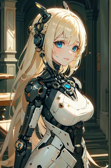 <lora:Reel_mechanical_parts_v_1_3:1> reelmech, mechanical parts, joints, mecha,, absurdres, ultra detailed, masterpiece, best quality, aesthetic, detailed,, solo, soft smile, light smile,
katya1, 1girl, blue eyes, very long hair, blonde hair, long blonde hair, french braid, bangs, medium breasts,