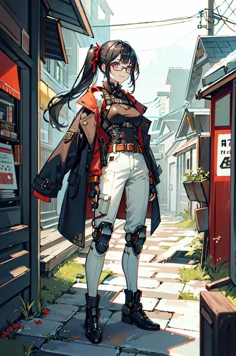 <lora:Reel_mechanical_parts_v_1_3:1> reelmech, mechanical parts, joints, mecha,, absurdres, ultra detailed, masterpiece, best quality, aesthetic, detailed,, solo, smug smile, 1girl, purple eyes, red-framed eyewear, (black hair, red colored tips:1.2), red streaked hair, very long hair, side ponytail, tied hair, medium breasts,, <lora:StS-Coat-and-Jacket-On-Shoulders-Iteration2:0.7> dataset, jacket on shoulders, coat on shoulders, red dress, sleeves rolled up, fingerless gloves, holster, belt, multiple belts, combat boots, bulletproof vest, pants, black coat, tactical clothes,