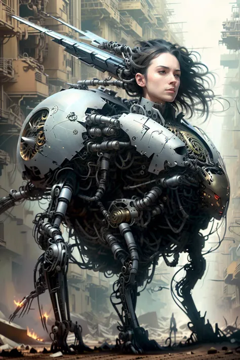 <lora:Reelmech_v1_2_RW_ply:1> reelmech, (Reel_mech_TL_test2) 1girl, mecha, glowing eyes, short hair, torn tight in a destroyed city, smoke and fire, glowing power aura, dynamic pose, dynamic view (detailed face features),(working helm), in a construction place, full-body, rim lighting, (8K, best quality:1.2, masterpiece:1.2), (realistic:1.4), ultra-detailed