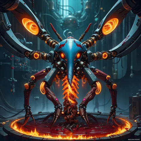 <lora:Reel_mechanical_parts_v_1_3:0.5> reelmech, mechanical parts, octopus-bio-mechanical, (blood vessels connected to tubes),dynamic view, joints