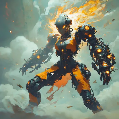 score_9,score_8_up, <lora:Reelmech_pony_ed_v1_3:1> a female, mechanical parts, reelmech, (full-body view ), in a destroyed city, smoke and fire, glowing power aura, dynamic pose, dynamic view
