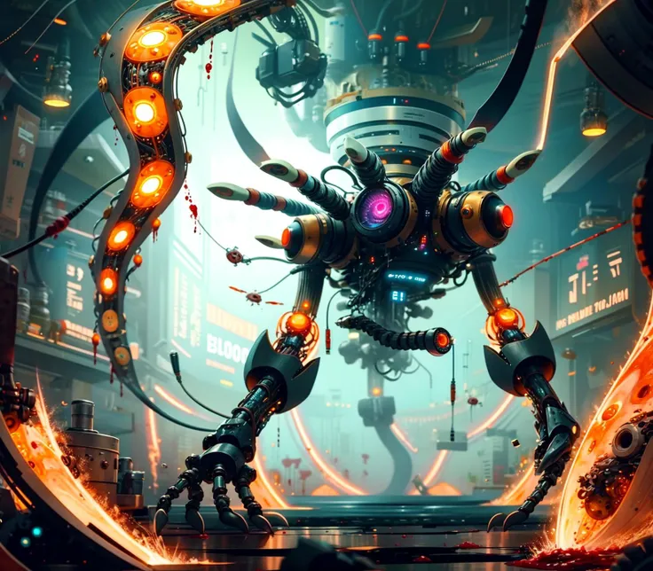 <lora:Reel_mechanical_parts_v_1_3:1> reelmech, mechanical parts, octopus-bio-mechanical, (blood vessels connected to tubes),dynamic view, joints