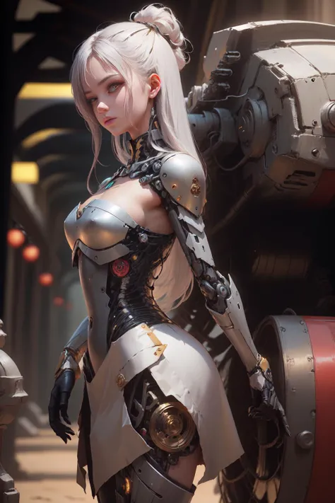 1 girl, solo, gradient hair, pink eyes, robot, mecha girl,, middle shot, <lora:reelmech1v2:1>masterpiece, professional, high quality, beautiful, amazing, medieval, unsplash, silver trim, very long hair, masterpiece, highres, 4k, detailed background