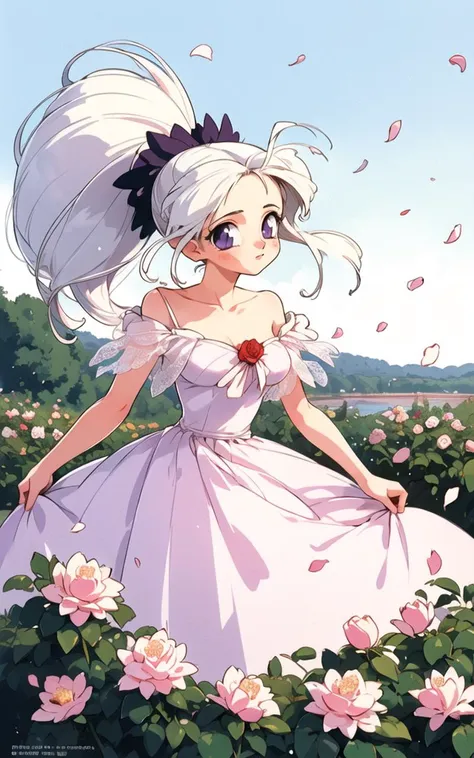 (masterpiece, best quality),1girl, ponytail ,white hair, purple eyes, (dress:1.3), medium breasts, collarbone, flowers and petals, (illustration:1.1), (perfect details:1.1), landscape, background, rose, abstract, 1990s \(style\), <lora:Ishida_Atsuko_Test:1>